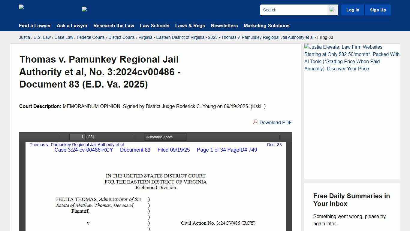 Thomas v. Pamunkey Regional Jail Authority et al, No. 3:2024cv00486 - Document 83 (E.D. Va. 2025) :: Justia