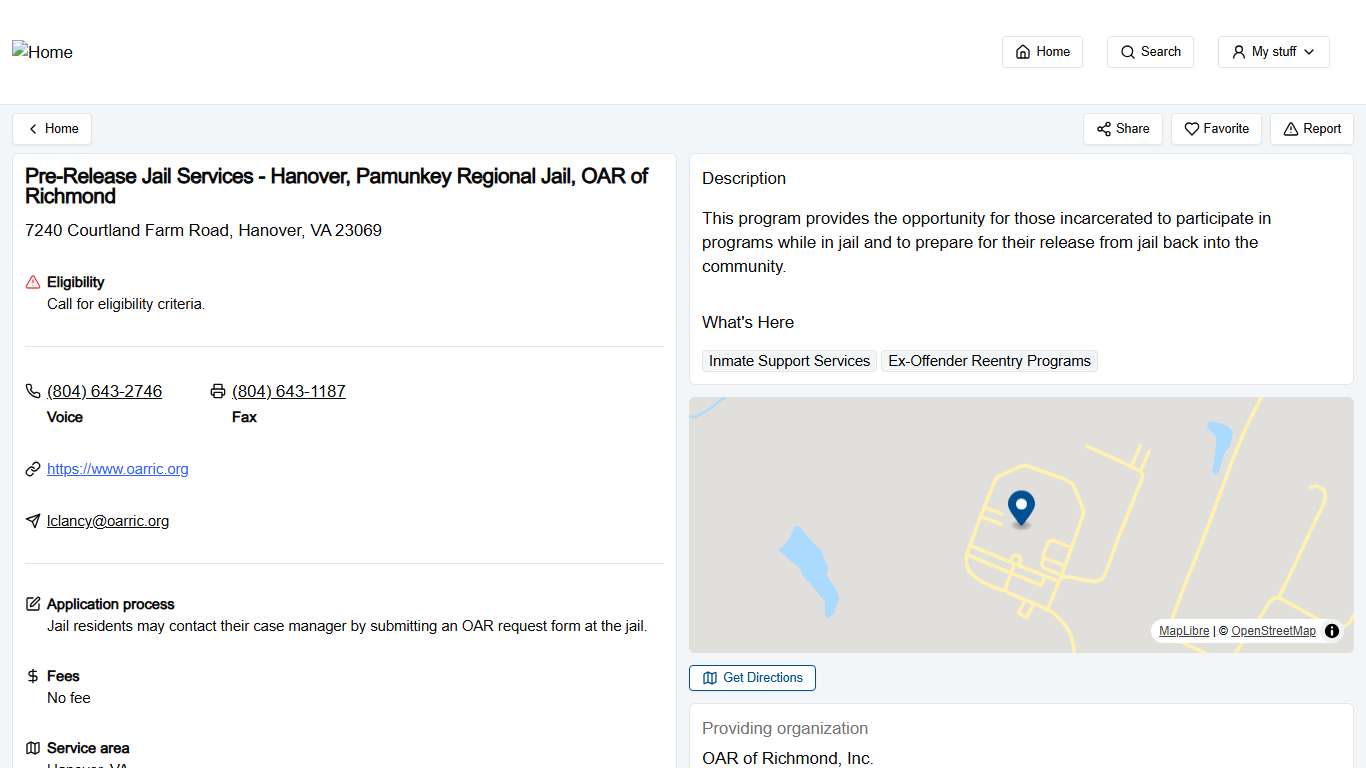 Pre-Release Jail Services - Hanover, Pamunkey Regional Jail, OAR of Richmond